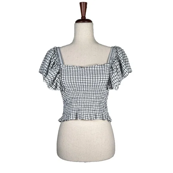 Maeve Anthropologie Shirt Womens Small Checkered Ruffle Smocked Cottagecore - Picture 1 of 6